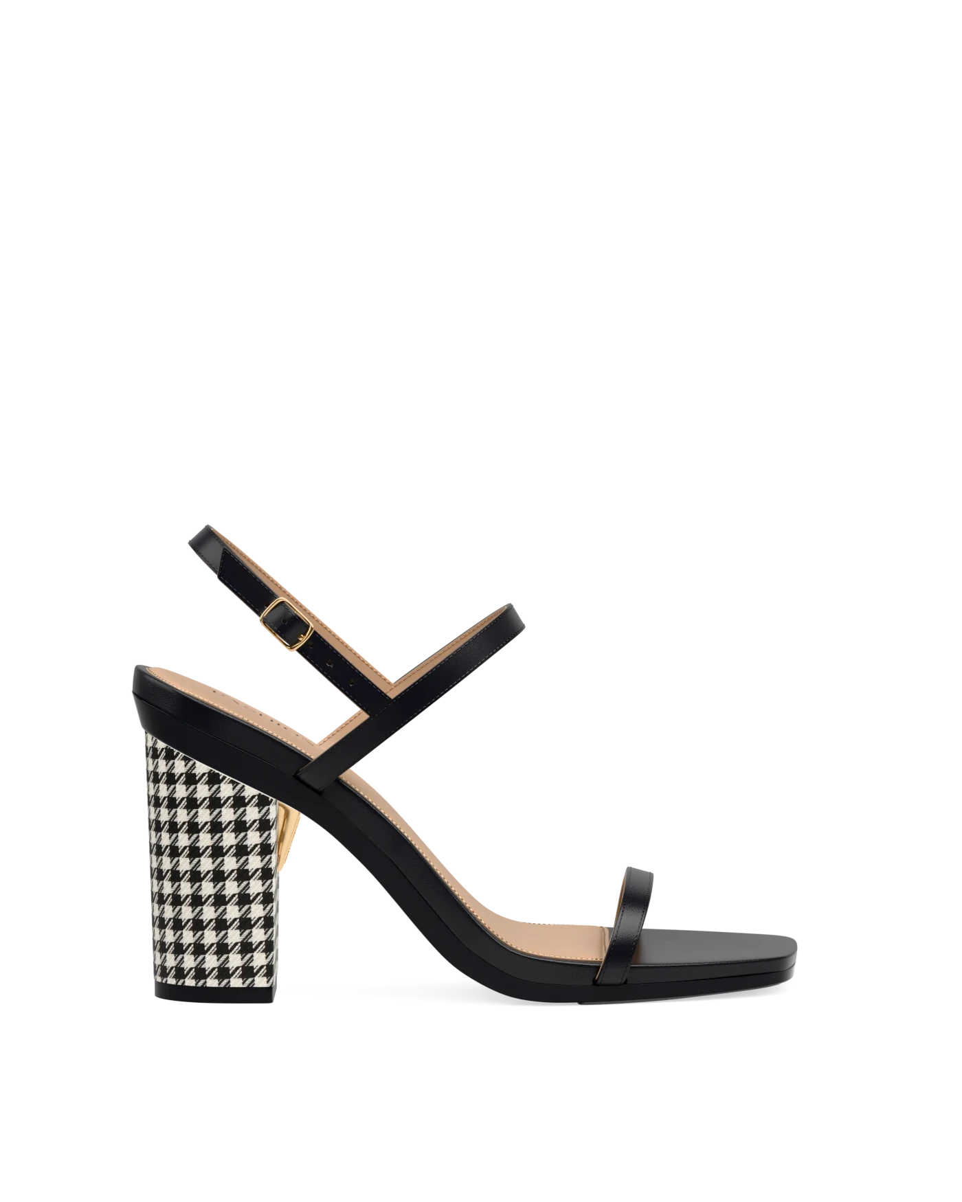 Block Heel Kit 4 Coal Houndstooth shown on the Miranda Coal Leather upper. Pashion convertible heels go from heel to flat and are customizable with interchangeable heel kits.