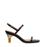 Stiletto Heel Kit 3 Gold Metallic shown on the Miranda Coal Leather upper. Pashion convertible heels go from heel to flat and are customizable with interchangeable heel kits.