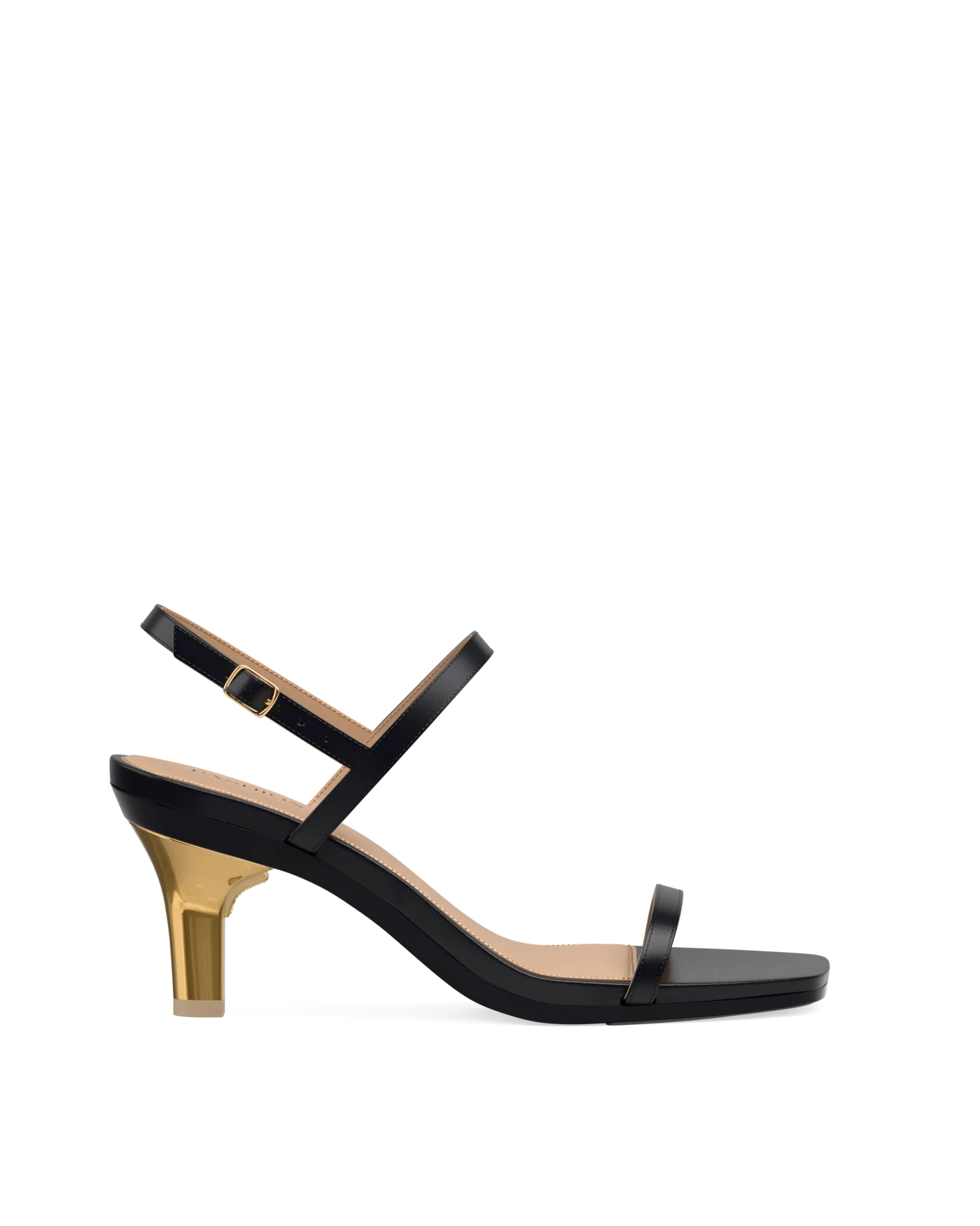 Stiletto Heel Kit 3 Gold Metallic shown on the Miranda Coal Leather upper. Pashion convertible heels go from heel to flat and are customizable with interchangeable heel kits.
