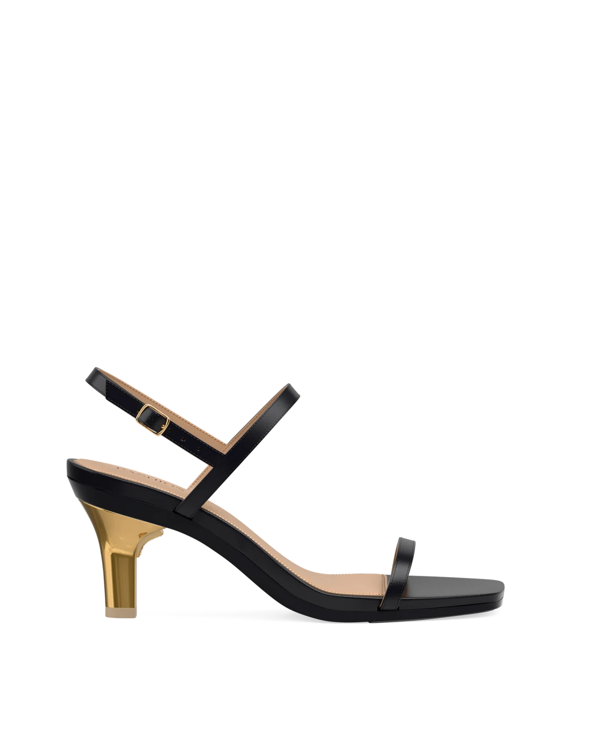 Stiletto Heel Kit 3 Gold Metallic shown on the Miranda Coal Leather upper. Pashion convertible heels go from heel to flat and are customizable with interchangeable heel kits.