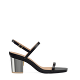 Block Heel Kit 3 Silver Metallic shown on the Miranda Coal Leather upper. Pashion convertible heels go from heel to flat and are customizable with interchangeable heel kits.