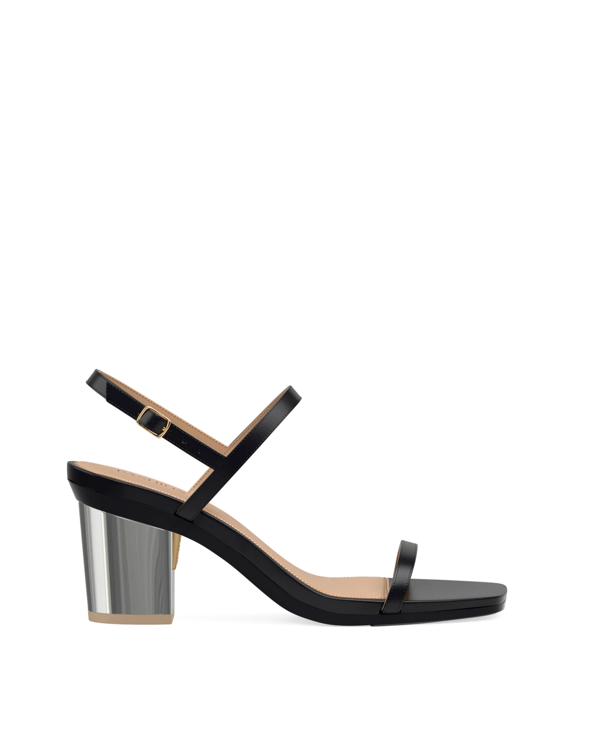 Block Heel Kit 3 Silver Metallic shown on the Miranda Coal Leather upper. Pashion convertible heels go from heel to flat and are customizable with interchangeable heel kits.