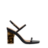 Cylinder Block Heel Kit 4 Tortoise shown on the Miranda Coal Leather upper. Pashion convertible heels go from heel to flat and are customizable with interchangeable heel kits.