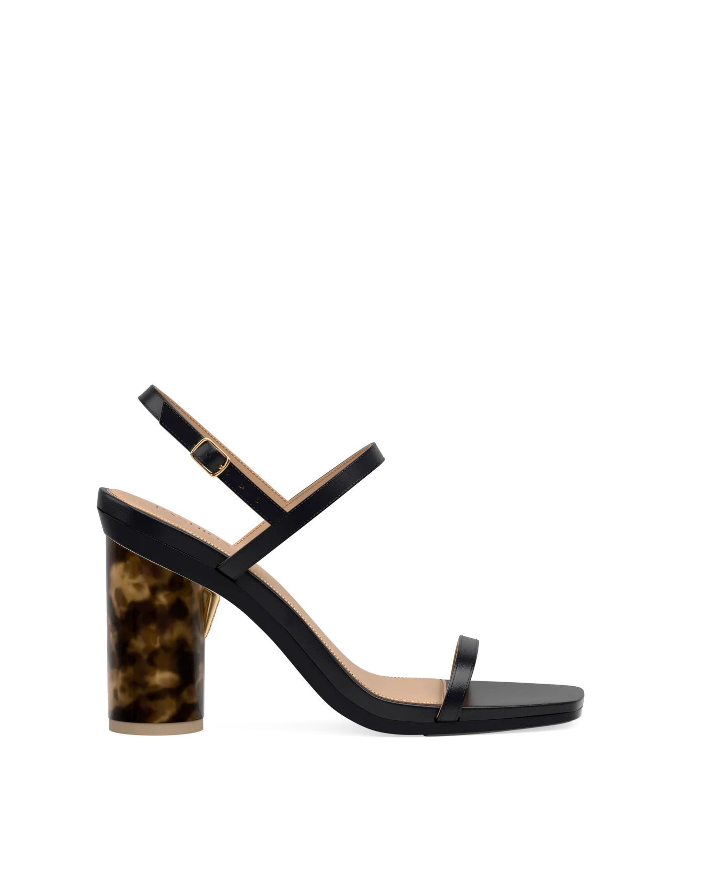 Cylinder Block Heel Kit 4 Tortoise shown on the Miranda Coal Leather upper. Pashion convertible heels go from heel to flat and are customizable with interchangeable heel kits.