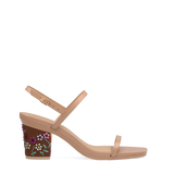 Block Heel Kit 3 Eras Floral shown on the Miranda Latte Leather upper. Pashion convertible heels go from heel to flat and are customizable with interchangeable heel kits.