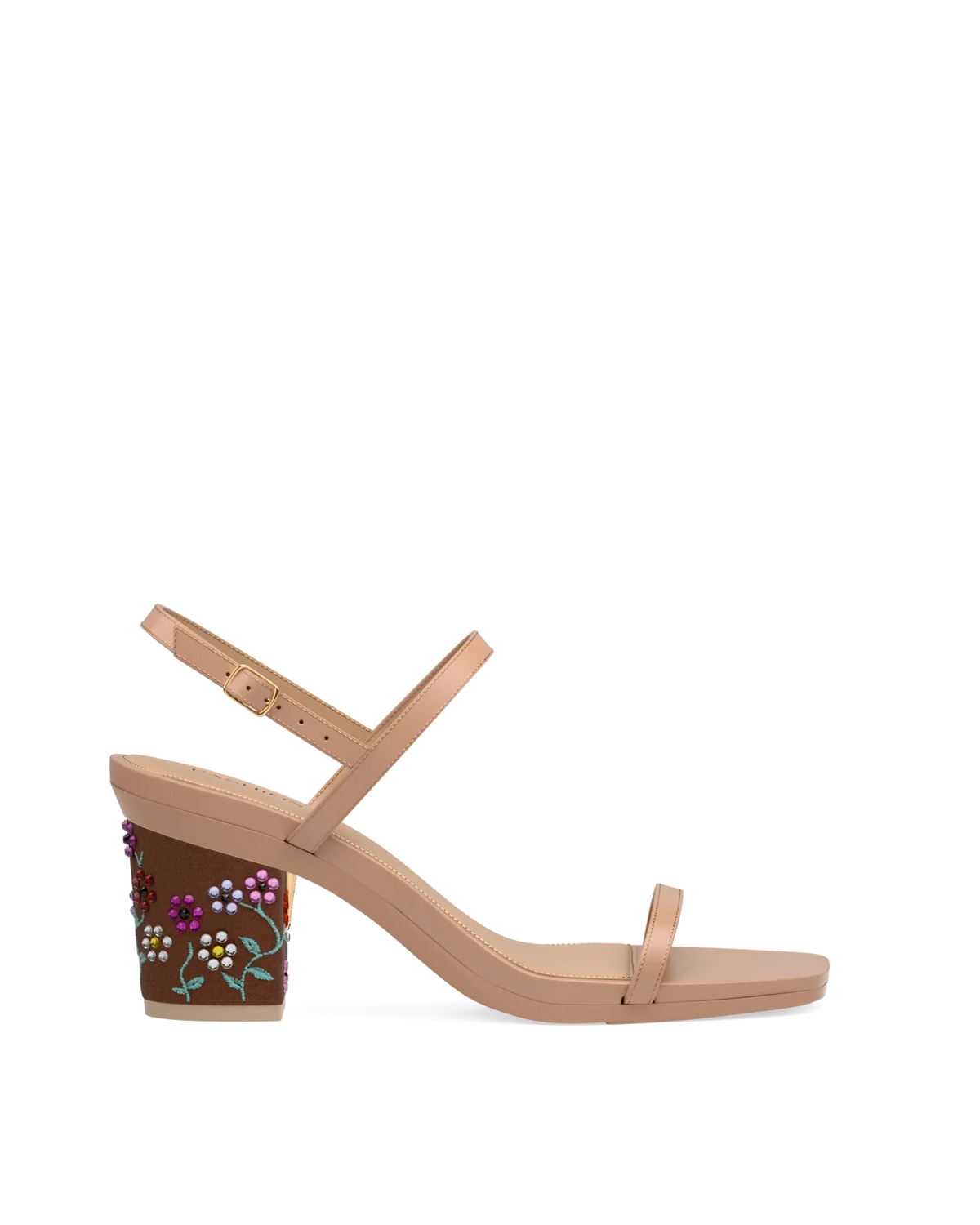 Block Heel Kit 3 Eras Floral shown on the Miranda Latte Leather upper. Pashion convertible heels go from heel to flat and are customizable with interchangeable heel kits.