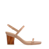 Block Heel Kit 3 Wood shown on the Miranda Latte Leather upper. Pashion convertible heels go from heel to flat and are customizable with interchangeable heel kits.