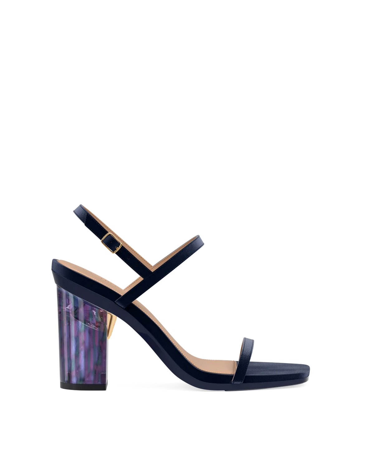 Block Heel Kit 4 Aurora Borealis shown on the Miranda Midnight Velvet upper. Pashion convertible heels go from heel to flat and are customizable with interchangeable heel kits.