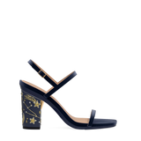 Block Heel Kit 4 Midnight Constellation Embroidery shown on the Miranda Midnight Velvet upper. Pashion convertible heels go from heel to flat and are customizable with interchangeable heel kits.