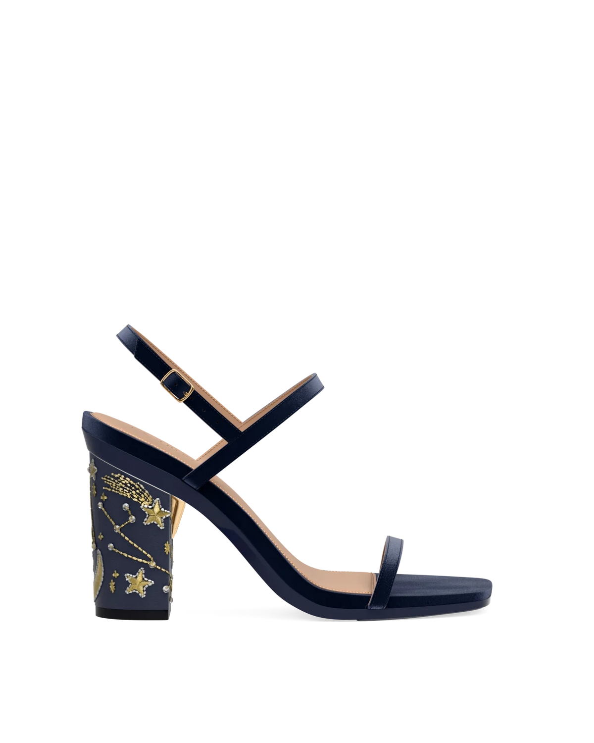 Block Heel Kit 4 Midnight Constellation Embroidery shown on the Miranda Midnight Velvet upper. Pashion convertible heels go from heel to flat and are customizable with interchangeable heel kits.