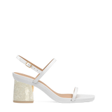 Flare Block Heel Kit 3 Mother of Pearl shown on the Miranda White Leather upper. Pashion convertible heels go from heel to flat and are customizable with interchangeable heel kits.