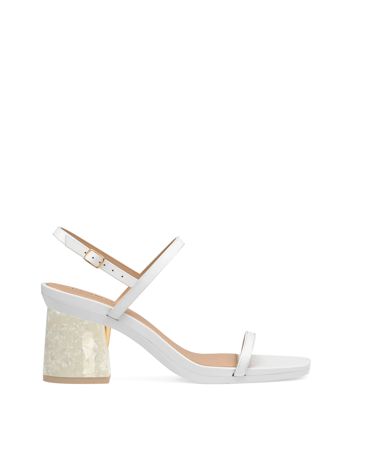 Flare Block Heel Kit 3 Mother of Pearl shown on the Miranda White Leather upper. Pashion convertible heels go from heel to flat and are customizable with interchangeable heel kits.