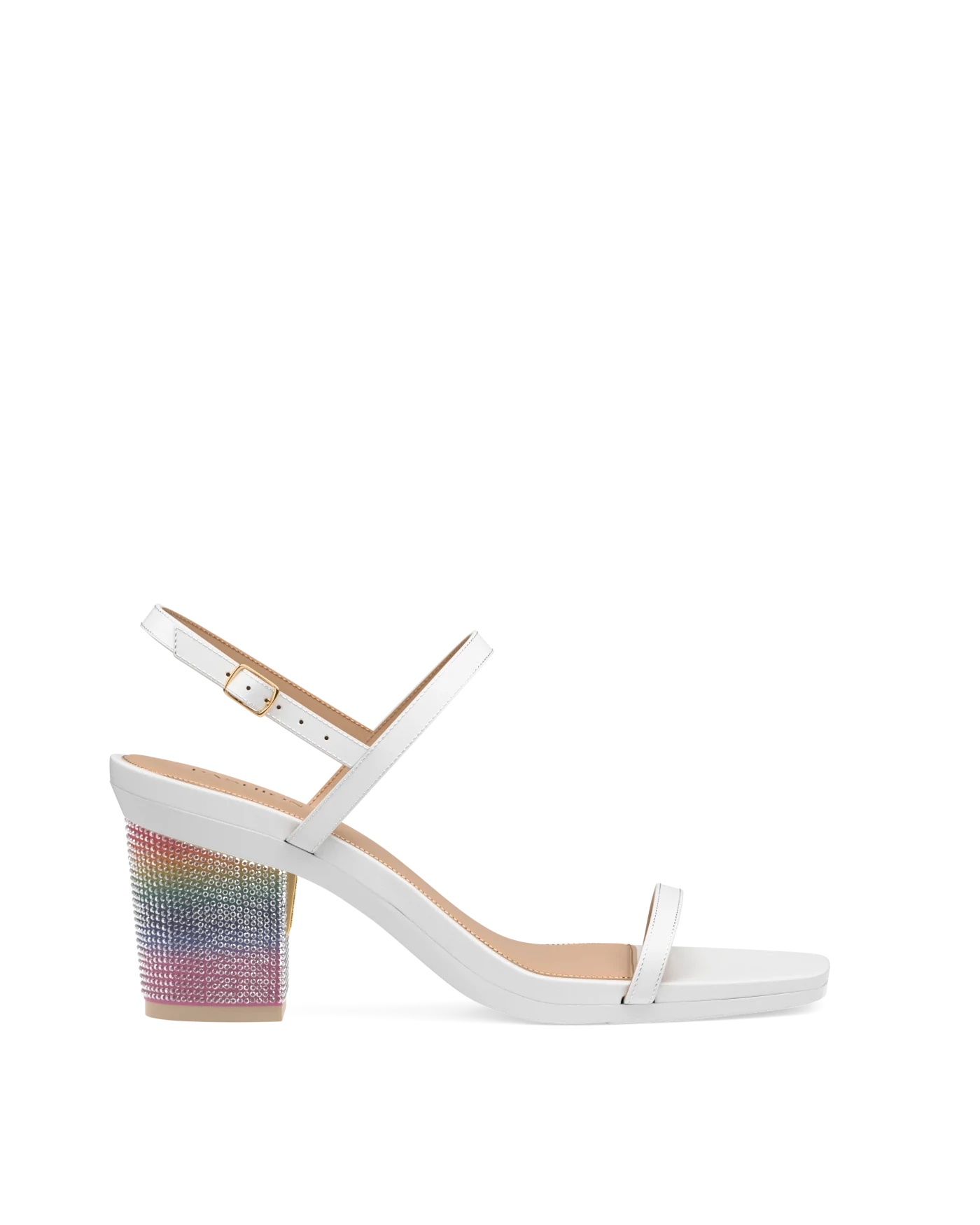 Block Heel Kit 3 Rainbow Rhinestone shown on the Miranda White Leather upper. Pashion convertible heels go from heel to flat and are customizable with interchangeable heel kits.