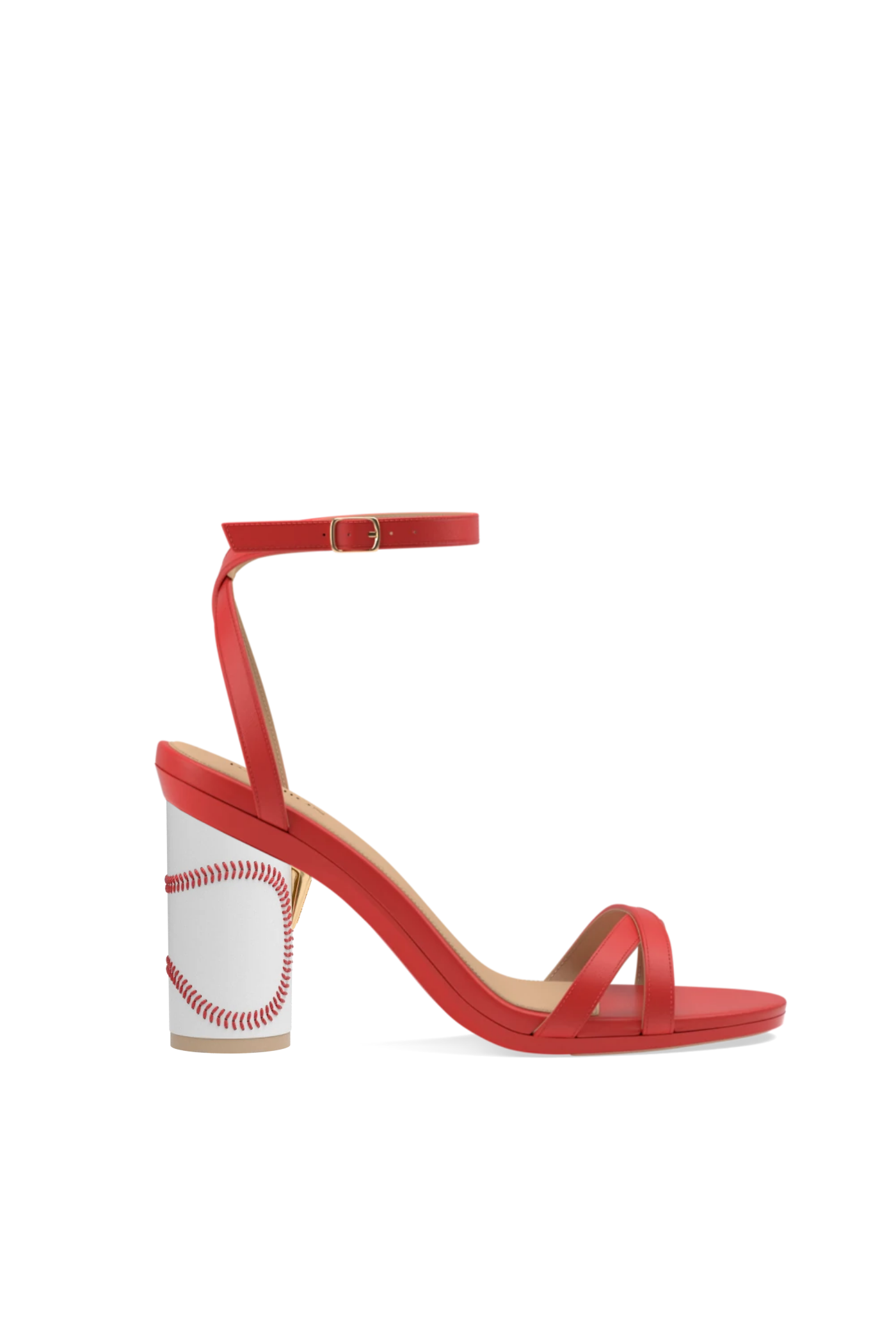 Red sandal with white baseball block heel