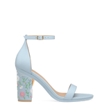 Block Heel Kit 4 Baby Blue Daisy Embroidery shown on the Pashionista Baby Blue Leather upper. Pashion convertible heels go from heel to flat and are customizable with interchangeable heel kits.