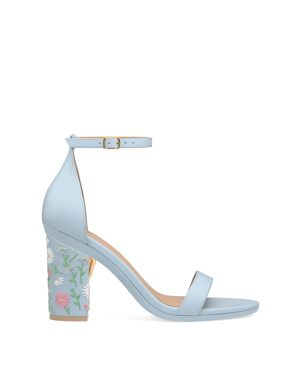 Block Heel Kit 4 Baby Blue Daisy Embroidery shown on the Pashionista Baby Blue Leather upper. Pashion convertible heels go from heel to flat and are customizable with interchangeable heel kits.