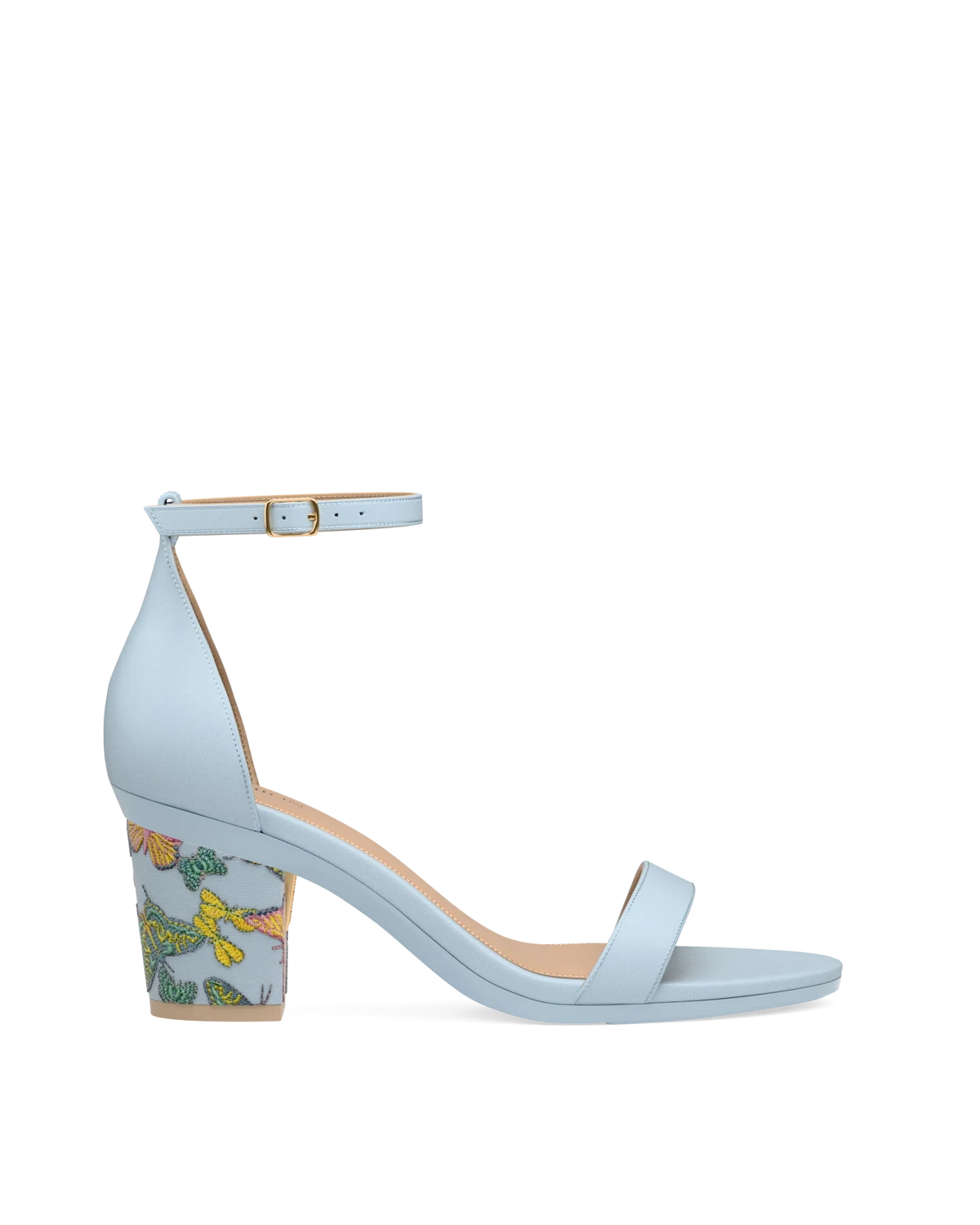Block Heel Kit 3 Baby Blue Butterfly Embroidery shown on the Pashionista Baby Blue Leather upper. Pashion convertible heels go from heel to flat and are customizable with interchangeable heel kits.