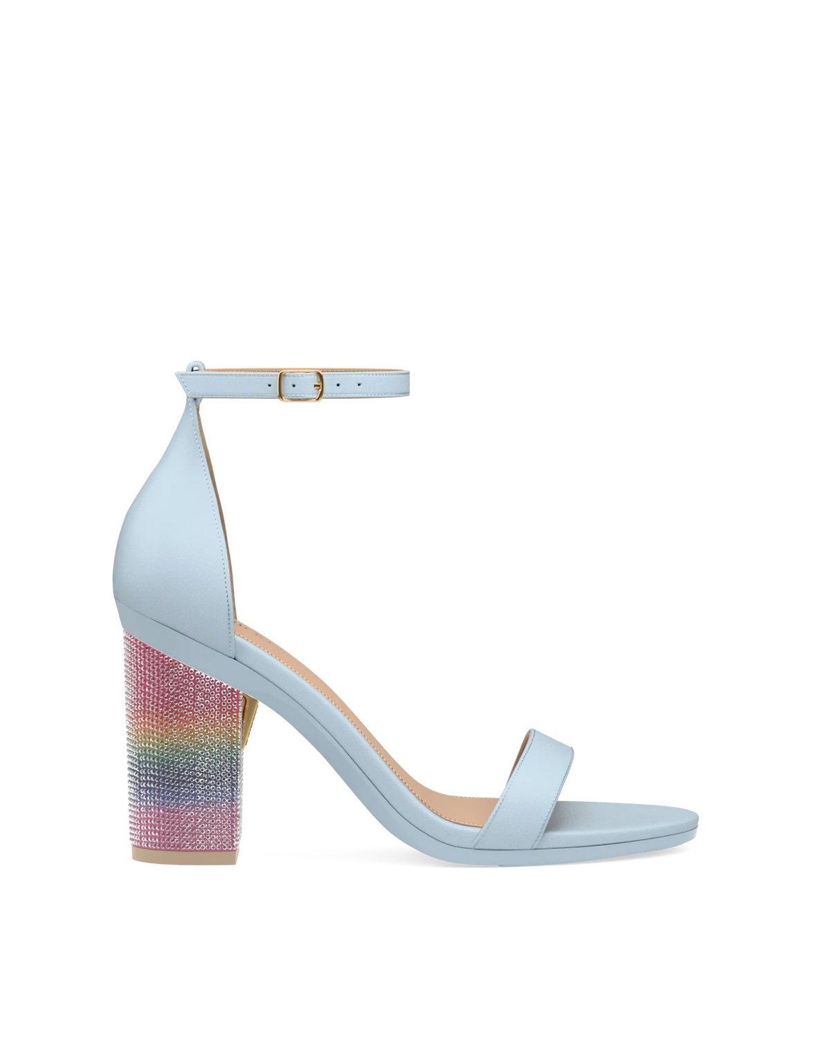 Block Heel Kit 4 Rainbow Rhinestone shown on the Pashionista Baby Blue Leather upper. Pashion convertible heels go from heel to flat and are customizable with interchangeable heel kits.