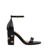 Block Heel Kit 4 Coal Bow Charm shown on the Pashionista Coal Leather upper. Pashion convertible heels go from heel to flat and are customizable with interchangeable heel kits.