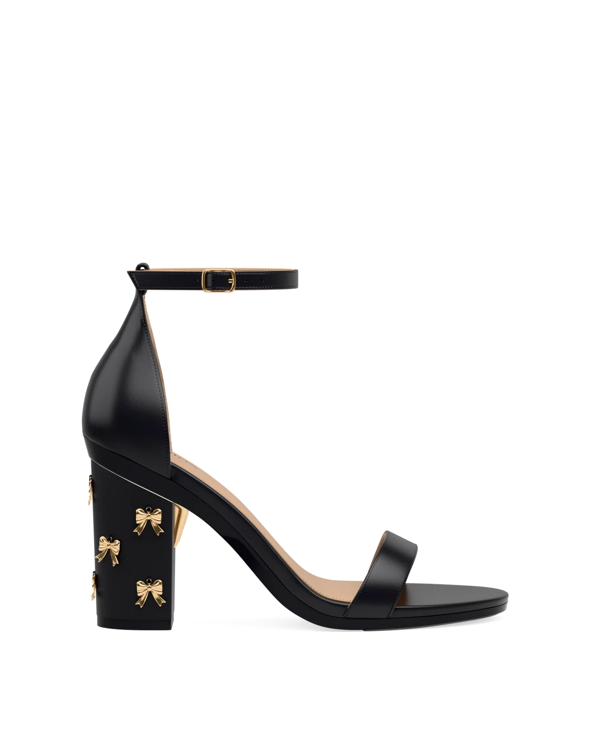Block Heel Kit 4 Coal Bow Charm shown on the Pashionista Coal Leather upper. Pashion convertible heels go from heel to flat and are customizable with interchangeable heel kits.