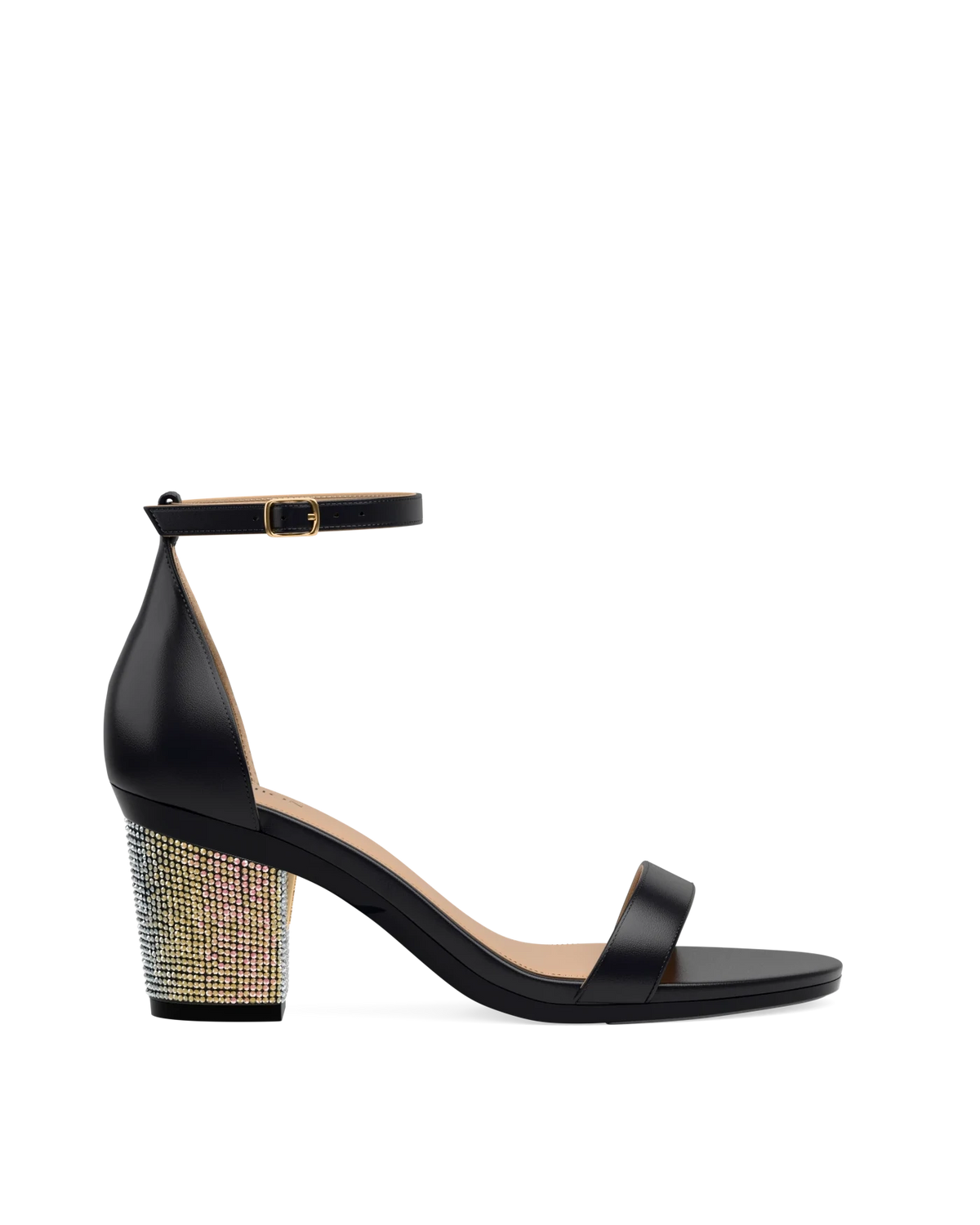 Block Heel Kit 3 Coal Iridescent Rhinestone shown on the Pashionista Coal Leather upper. Pashion convertible heels go from heel to flat and are customizable with interchangeable heel kits.