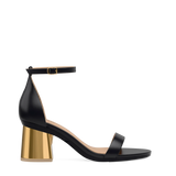 Flare Block Heel Kit 3 Gold Metallic shown on the Pashionista Coal Leather upper. Pashion convertible heels go from heel to flat and are customizable with interchangeable heel kits.