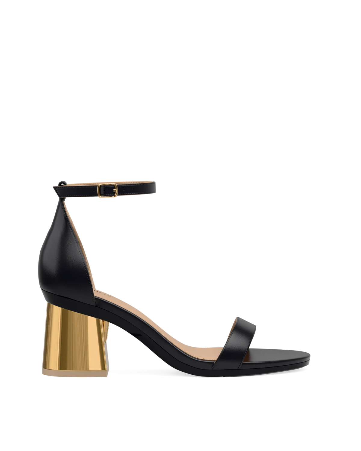 Flare Block Heel Kit 3 Gold Metallic shown on the Pashionista Coal Leather upper. Pashion convertible heels go from heel to flat and are customizable with interchangeable heel kits.