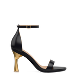 Flare Stiletto Heel Kit 4 Gold Metallic shown on the Pashionista Coal Leather upper. Pashion convertible heels go from heel to flat and are customizable with interchangeable heel kits.