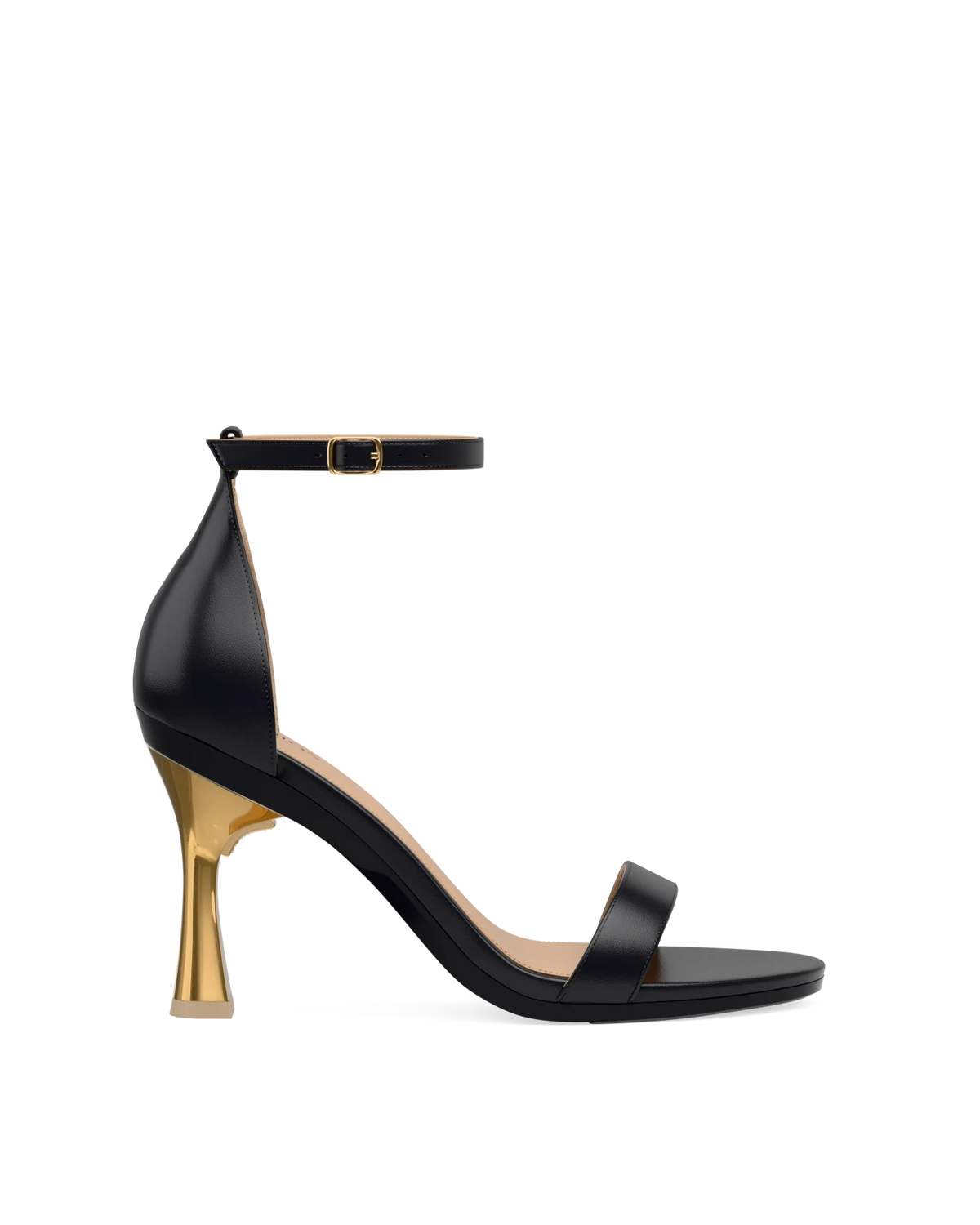 Flare Stiletto Heel Kit 4 Gold Metallic shown on the Pashionista Coal Leather upper. Pashion convertible heels go from heel to flat and are customizable with interchangeable heel kits.