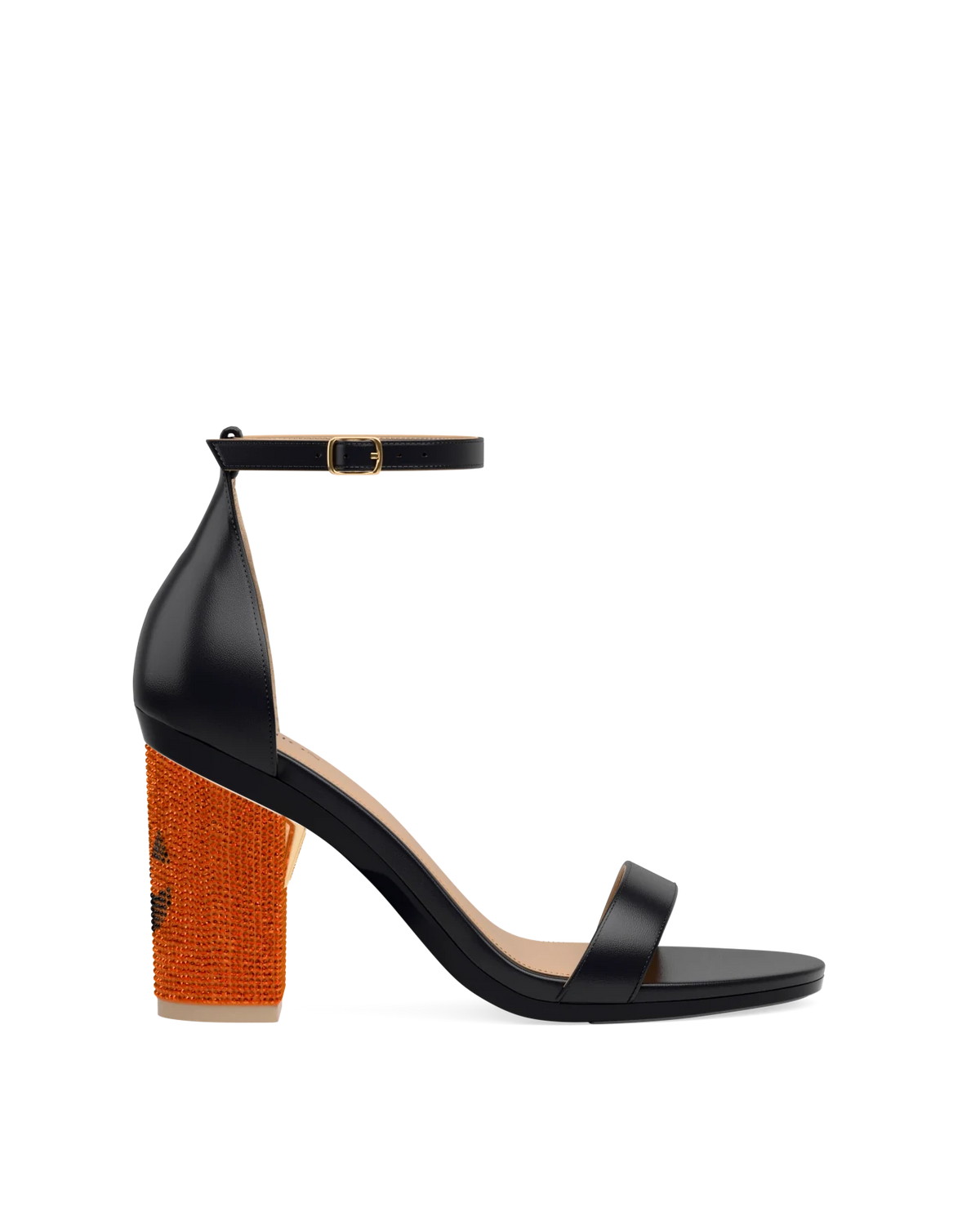 Block Heel Kit 4 Jack O' Lantern Rhinestone shown on the Pashionista Coal Leather upper. Pashion convertible heels go from heel to flat and are customizable with interchangeable heel kits.