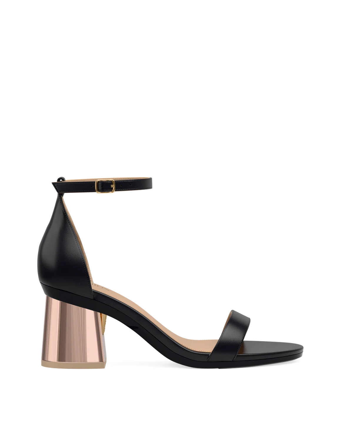 Flare Block Heel Kit 3 Rose Gold Metallic shown on the Pashionista Coal Leather upper. Pashion convertible heels go from heel to flat and are customizable with interchangeable heel kits.