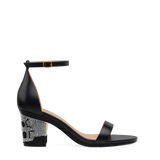 Block Heel Kit 3 Skull Rhinestone shown on the Pashionista Coal Leather upper. Pashion convertible heels go from heel to flat and are customizable with interchangeable heel kits.