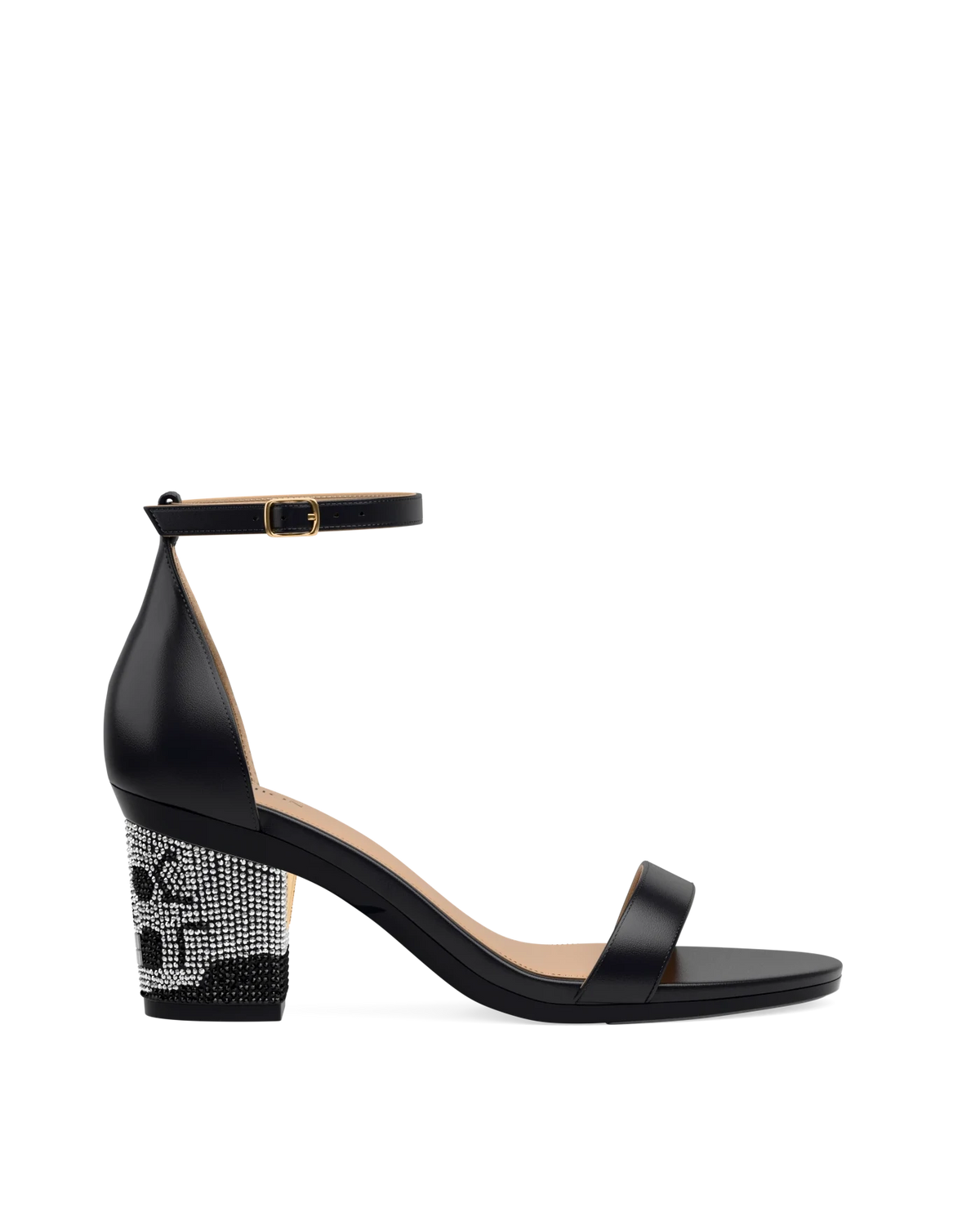 Block Heel Kit 3 Skull Rhinestone shown on the Pashionista Coal Leather upper. Pashion convertible heels go from heel to flat and are customizable with interchangeable heel kits.