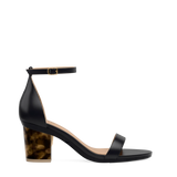 Block Heel Kit 3 Tortoise shown on the Pashionista Coal Leather upper. Pashion convertible heels go from heel to flat and are customizable with interchangeable heel kits.