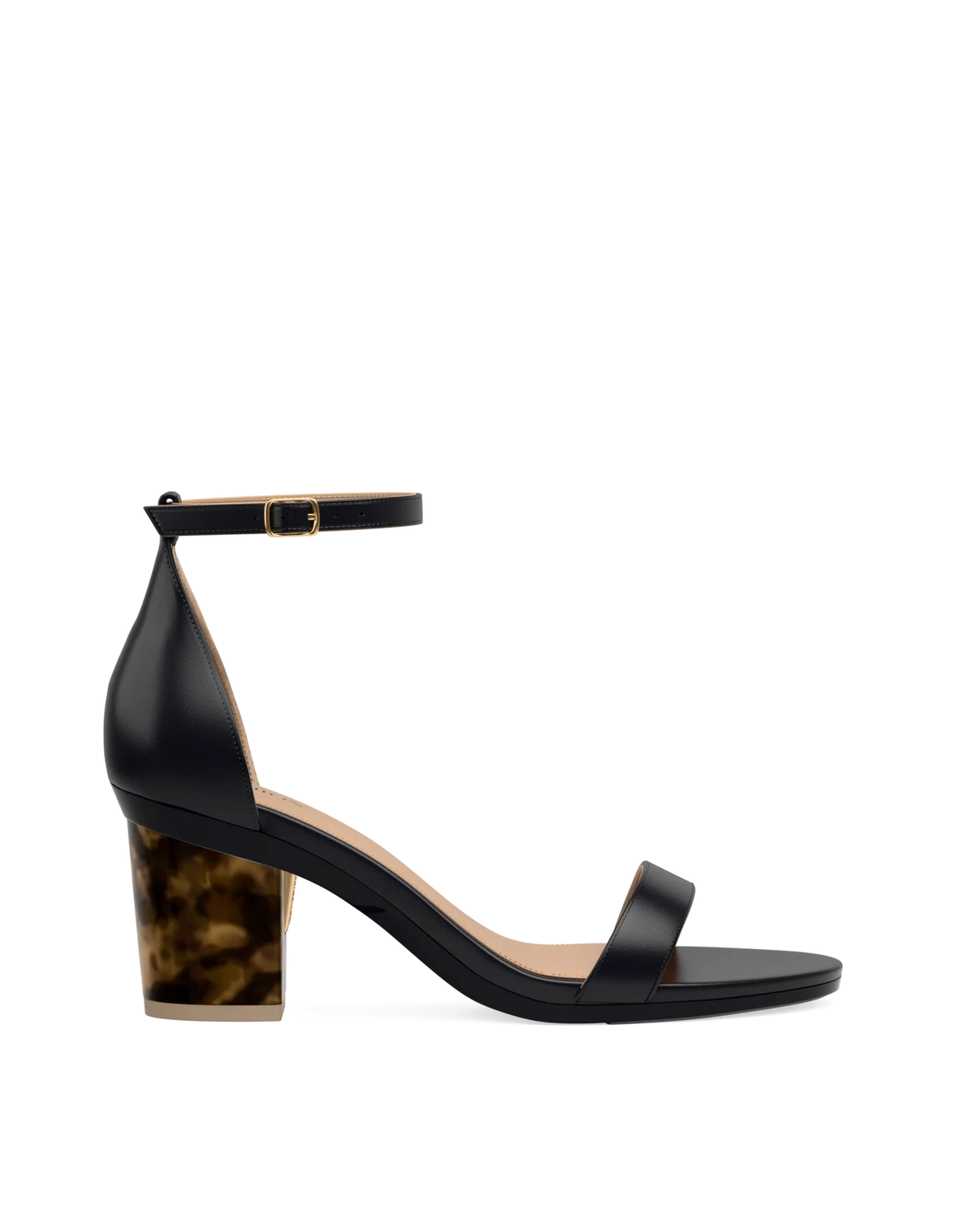 Block Heel Kit 3 Tortoise shown on the Pashionista Coal Leather upper. Pashion convertible heels go from heel to flat and are customizable with interchangeable heel kits.