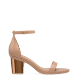 Block Heel Kit 3 Copper Metallic shown on the Pashionista Latte Leather upper. Pashion convertible heels go from heel to flat and are customizable with interchangeable heel kits.