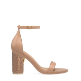 Cylinder Block Heel Kit 4 Latte Pashion Monogram Embroidery shown on the Pashionista Latte Leather upper. Pashion convertible heels go from heel to flat and are customizable with interchangeable heel kits.