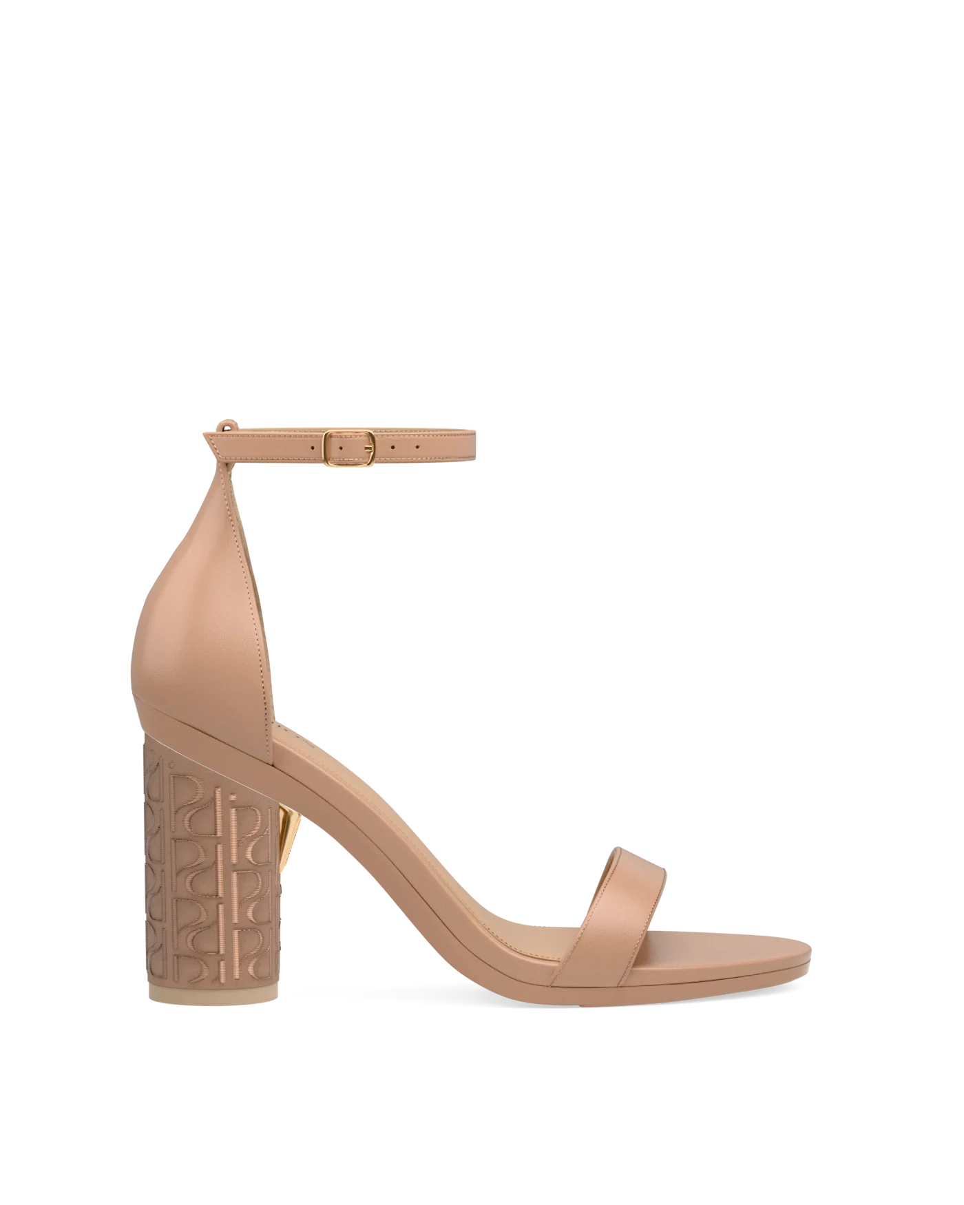 Cylinder Block Heel Kit 4 Latte Pashion Monogram Embroidery shown on the Pashionista Latte Leather upper. Pashion convertible heels go from heel to flat and are customizable with interchangeable heel kits.