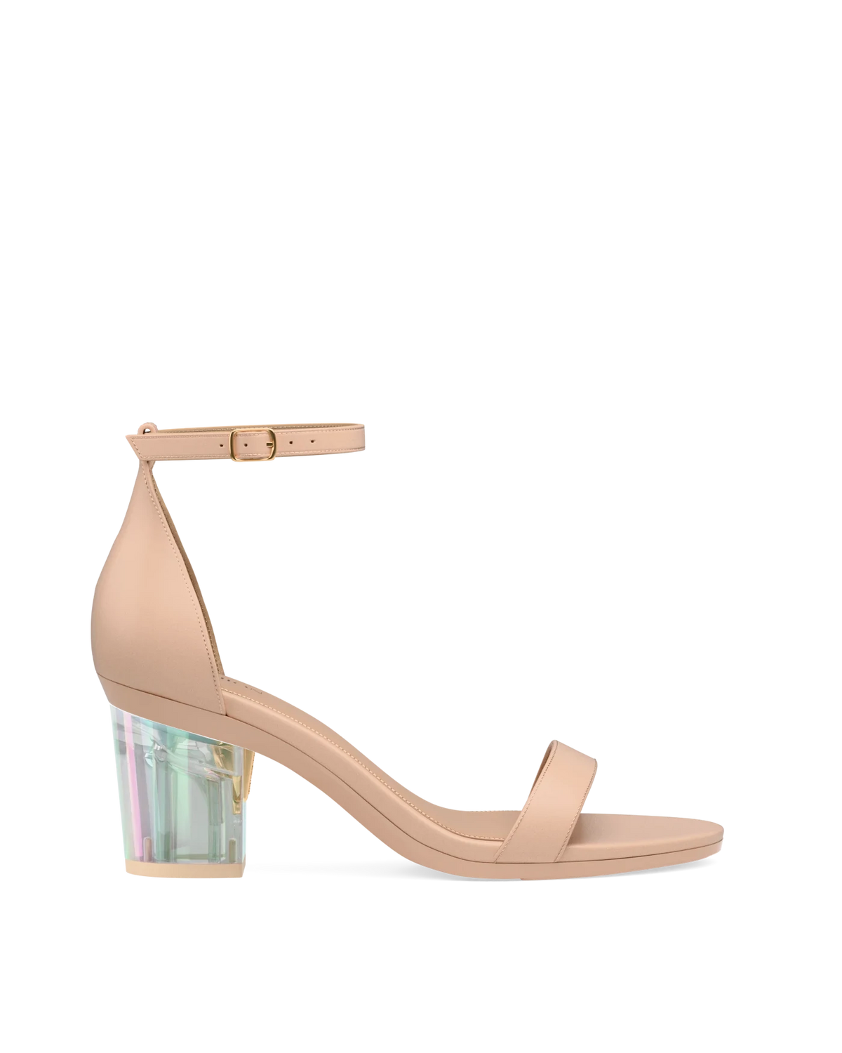 Block Heel Kit 3 Iridescent Transparent shown on the Pashionista Sand Leather upper. Pashion convertible heels go from heel to flat and are customizable with interchangeable heel kits.