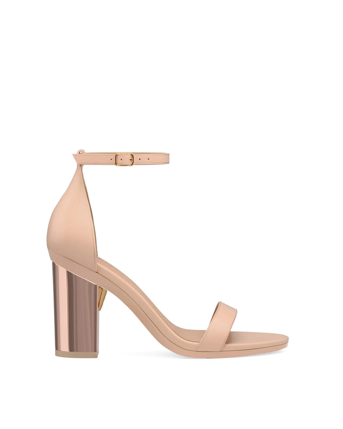 Block Heel Kit 4 Rose Gold Metallic shown on the Pashionista Sand Leather upper. Pashion convertible heels go from heel to flat and are customizable with interchangeable heel kits.