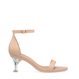 Flare Stiletto Heel Kit 3 Transparent shown on the Pashionista Sand Leather upper. Pashion convertible heels go from heel to flat and are customizable with interchangeable heel kits.