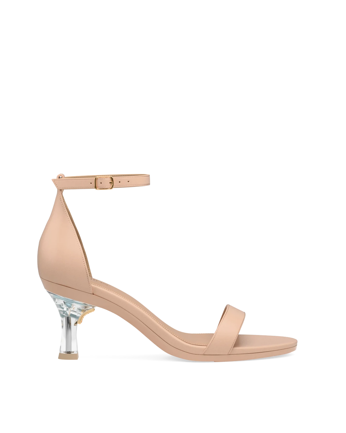Flare Stiletto Heel Kit 3 Transparent shown on the Pashionista Sand Leather upper. Pashion convertible heels go from heel to flat and are customizable with interchangeable heel kits.