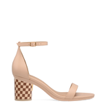 Cylinder Block Heel Kit 3 Checker Walnut & Sand shown on the Pashionista Sand Leather upper. Pashion convertible heels go from heel to flat and are customizable with interchangeable heel kits.