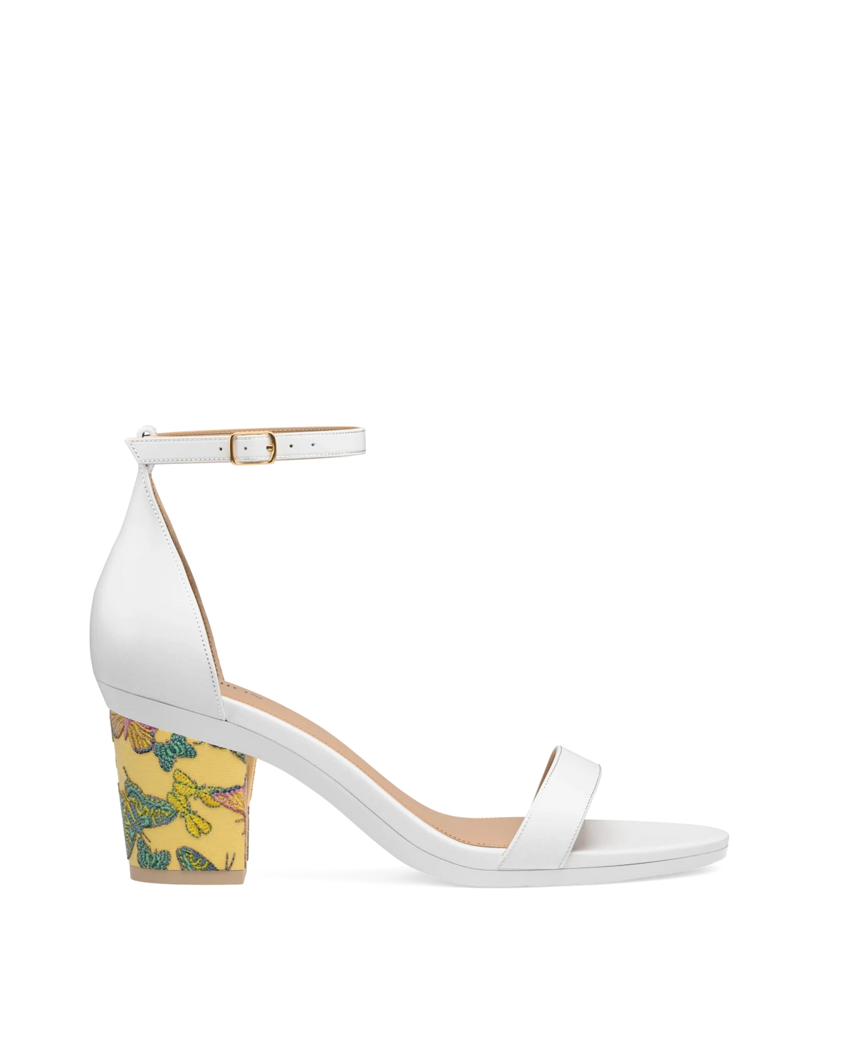 Block Heel Kit 3 Limoncello Butterfly Embroidery shown on the Pashionista White Leather upper. Pashion convertible heels go from heel to flat and are customizable with interchangeable heel kits.