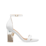 Block Heel Kit 4 Ivory Pearl Transparent shown on the Pashionista White Leather upper. Pashion convertible heels go from heel to flat and are customizable with interchangeable heel kits.