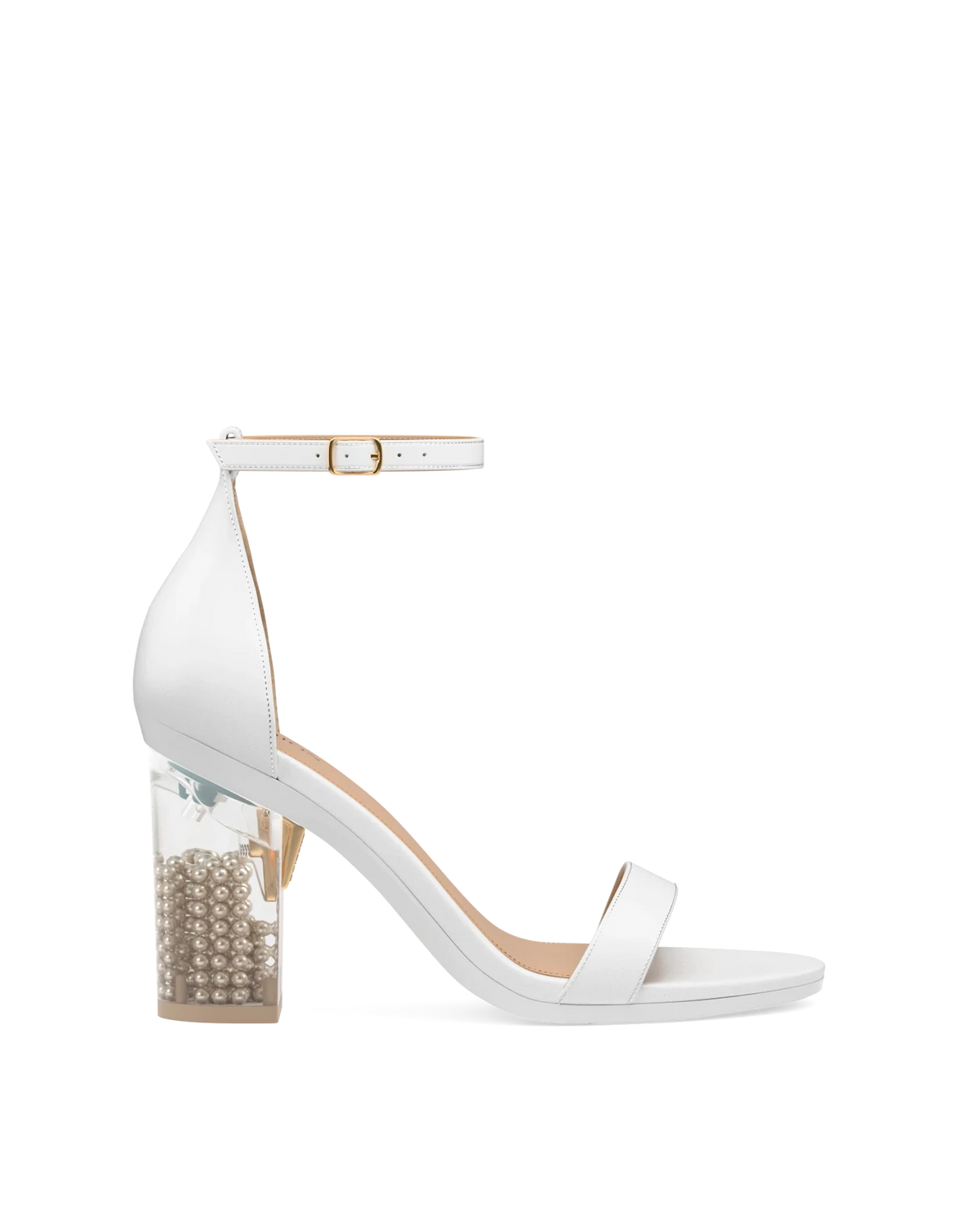Block Heel Kit 4 Ivory Pearl Transparent shown on the Pashionista White Leather upper. Pashion convertible heels go from heel to flat and are customizable with interchangeable heel kits.