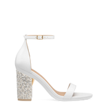 Block Heel Kit 4 Ivory Pearl & Rhinestone shown on the Pashionista White Leather upper. Pashion convertible heels go from heel to flat and are customizable with interchangeable heel kits.