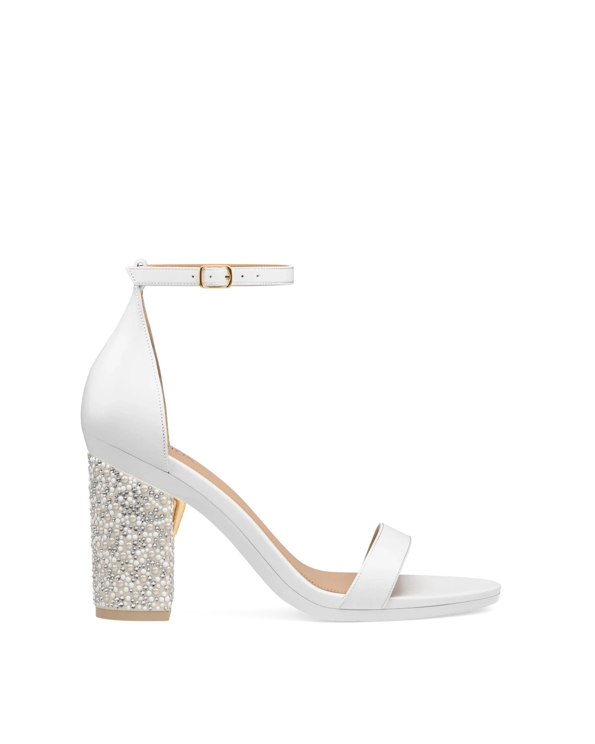 Block Heel Kit 4 Ivory Pearl & Rhinestone shown on the Pashionista White Leather upper. Pashion convertible heels go from heel to flat and are customizable with interchangeable heel kits.