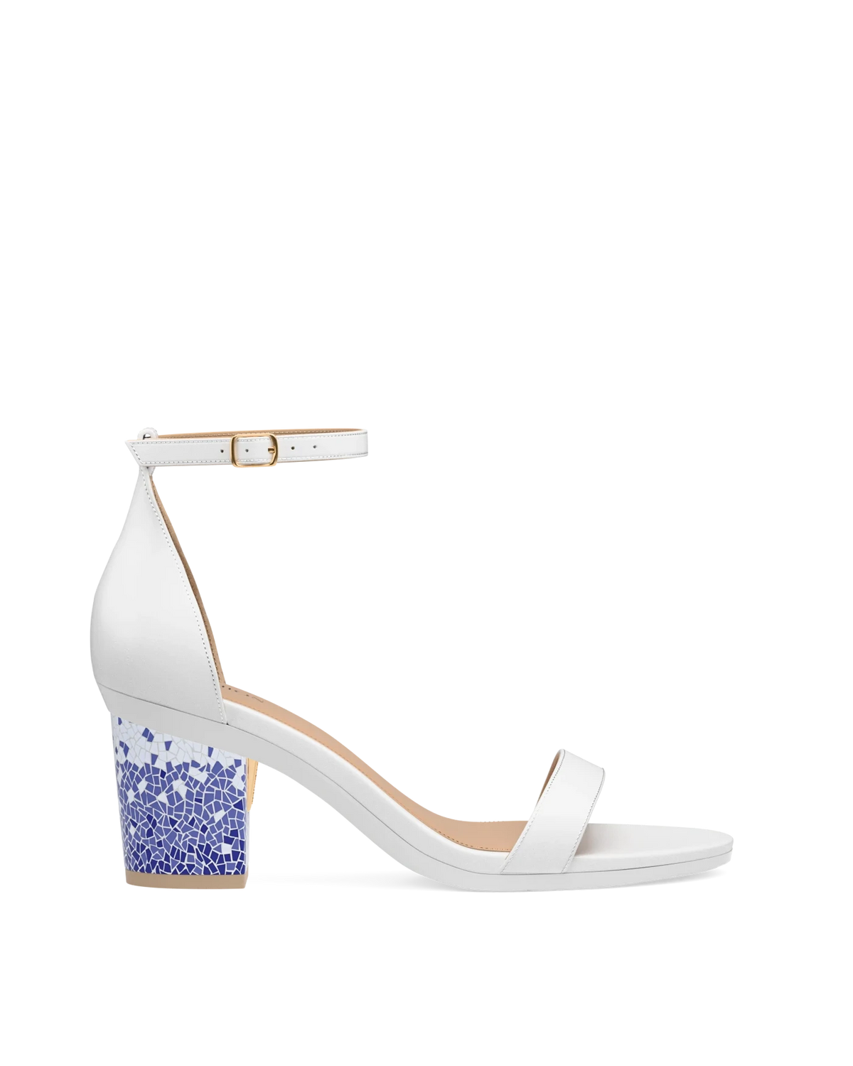 Block Heel Kit 3 Mosaic shown on the Pashionista White Leather upper. Pashion convertible heels go from heel to flat and are customizable with interchangeable heel kits.