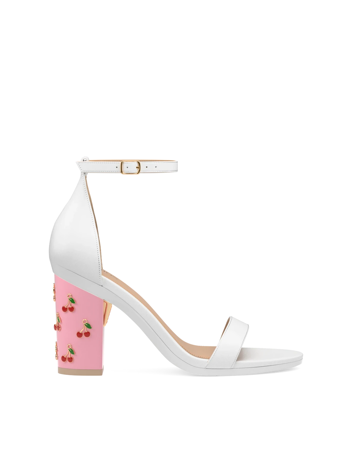 Block Heel Kit 4 Pink Cherry Charm shown on the Pashionista White Leather upper. Pashion convertible heels go from heel to flat and are customizable with interchangeable heel kits.